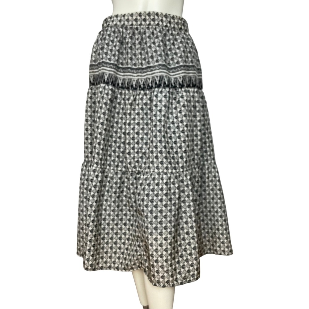 Vintage Tiered Skirt Leaf Pattern Midi Black‎ White Boho Stripes Women Bohemian
